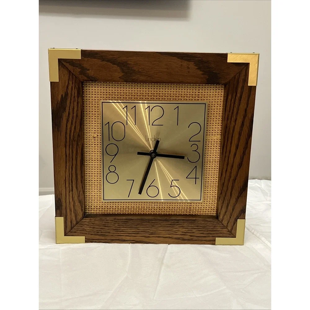 Vintage Linden Wall Clock Wood Brass Rattan Cane MCM Hollywood Regency 1970s